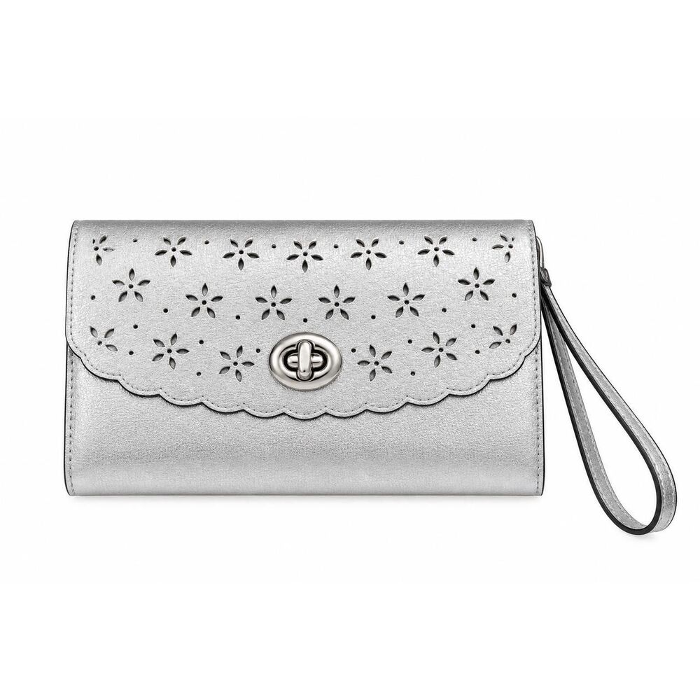 Coach Metallic Silver Laser Cut Floral Leather Turnlock Wristlet Clutch Bag